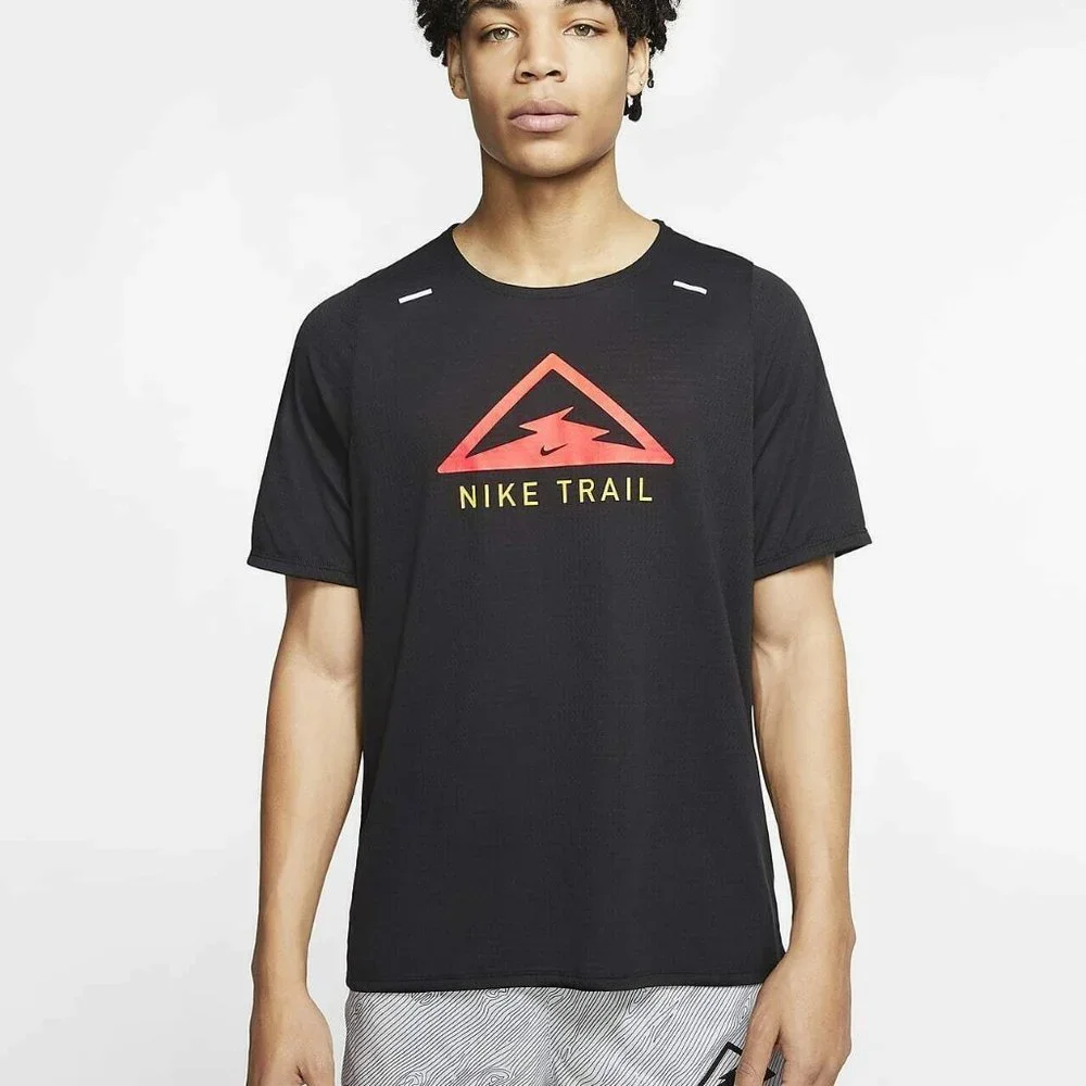 Nike Rise 365 Trail Running Mesh Knit Dri-FIT Short Sleeve Top Black DJ0600-010 - Picture 4 of 8